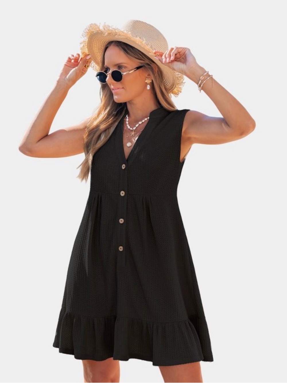 Sleeveless V-Neck Button-Front Black Sundress